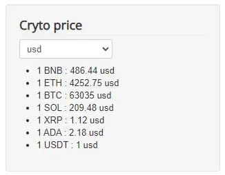 Crypto price module on a Joomla page with a usd drop-down and a list: 1 BNB 486.44 usd, 1 ETH 4252.75 usd, 1 BTC 63035 usd, 1 SOL 209.48 usd, 1 XRP 1.12 usd, 1 ADA 2.18 usd, 1 USDT 1 usd