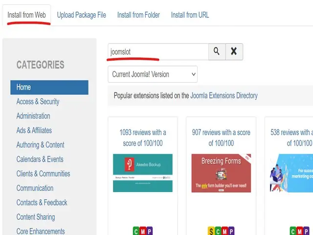 Joomla Install from Web tab with joomslot typed in the search box and the Popular extensions listed on the Joomla Extensions Directory below, not a JoomSlot result