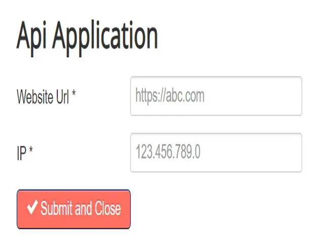 Api Application form with Website Url and IP fields, placeholder values https://abc.com and 123.456.789.0, and a red Submit and Close button