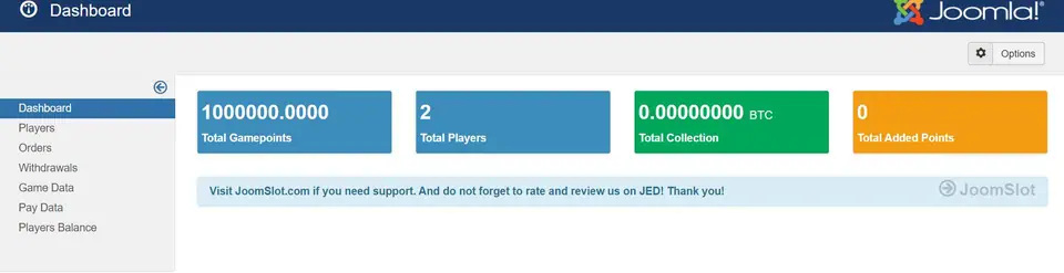 JoomSlot Dashboard in the Joomla 3 admin: side menu from Dashboard to Players Balance, and four boxes for Total Gamepoints 1000000.0000, Total Players 2, Total Collection 0.00000000 BTC and Total Added Points 0