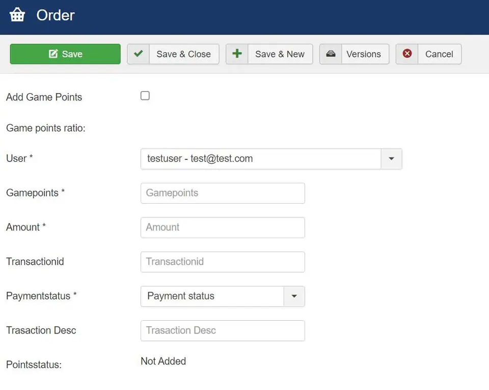 Manual Order form: Add Game Points checkbox, user testuser - test@test.com, empty Gamepoints, Amount and Transactionid fields, a Payment status drop-down and Pointsstatus Not Added