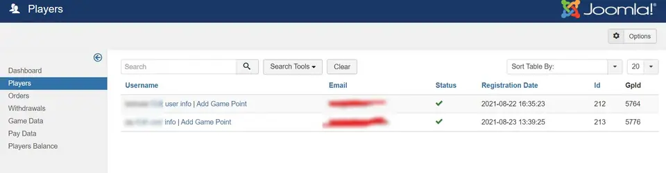 JoomSlot Players list with two accounts registered on 22 and 23 August 2021, Edit user info and Add Game Point links, e-mails and usernames blurred, Ids 212 and 213 and GpIds 5764 and 5776