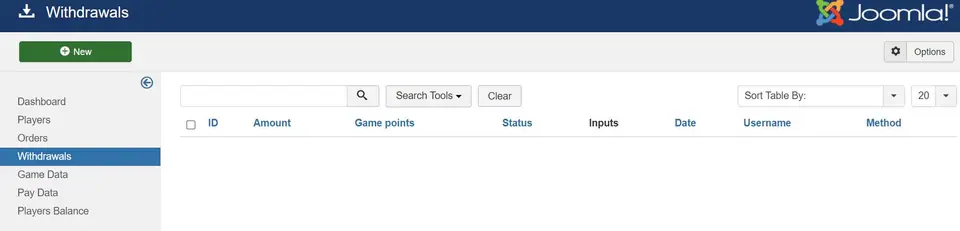 Empty Withdrawals list with columns ID, Amount, Game points, Status, Inputs, Date, Username and Method, and a green New button