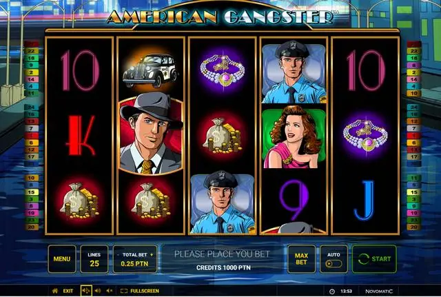 American Gangster slot running inside JoomSlot: five reels with a gangster, police officers, a vintage car and money bags, LINES 25, TOTAL BET 0.25 PTN and CREDITS 1000 PTN