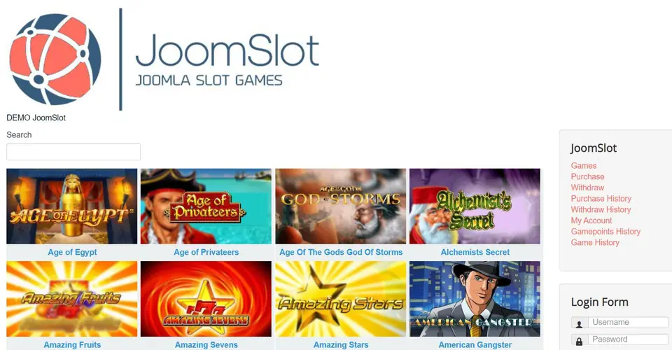 JoomSlot demo front page: the JoomSlot Joomla Slot Games logo, a search box, eight slot tiles from Age of Egypt to American Gangster, and a JoomSlot menu and Login Form in the right column