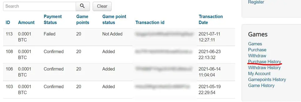 Purchase History with four orders of 0.0001 BTC for 20 game points each from May to July 2021, one Failed and Not Added, three Confirmed and Added, transaction IDs blurred