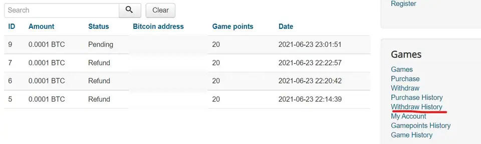 Withdraw History with four requests of 0.0001 BTC for 20 game points on 23 June 2021, one Pending and three Refund, Bitcoin address column blurred