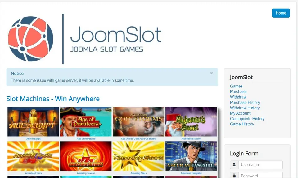 Finished JoomSlot demo site: JoomSlot Joomla Slot Games logo, a blue notice saying there is some issue with game server, a Slot Machines - Win Anywhere grid of slot tiles, and a JoomSlot menu and Login Form on the right