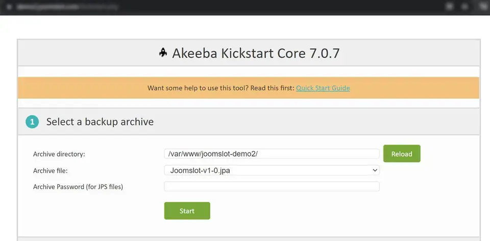 Akeeba Kickstart Core 7.0.7, Select a backup archive: archive directory /var/www/joomslot-demo2/, archive file Joomslot-v1-0.jpa, empty archive password and a Start button