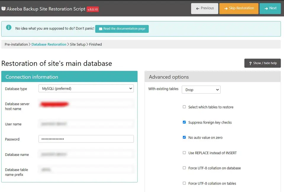 Akeeba restoration script, Restoration of site's main database: MySQLi selected, host, user and database name blurred, With existing tables set to Drop