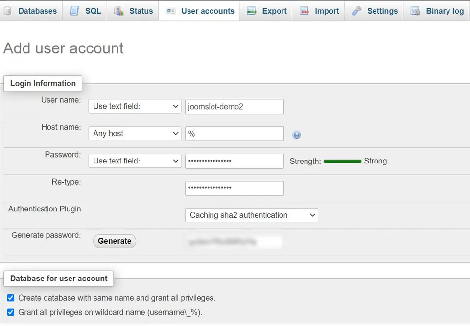 phpMyAdmin Add user account form: user name joomslot-demo2, host %, a password marked Strong, Caching sha2 authentication, a Generate button with the generated password blurred, and both database checkboxes ticked