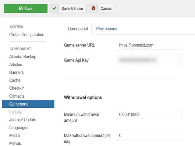 JoomSlot Options screen, Gameportal tab, with Game server URL, Game Api Key (blurred), Minimum withdrawal amount 0.00010000 and Max withdrawal amount per day 0