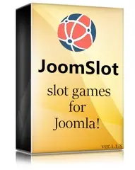 JoomSlot box art: a yellow software box with a globe logo and the words JoomSlot, slot games for Joomla