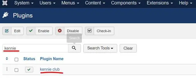 Joomla Plugins manager filtered on kennie, showing one enabled plugin, kennie club