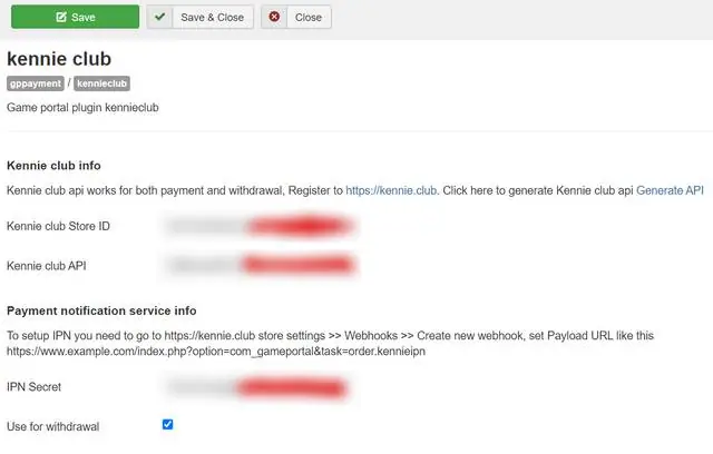kennie club plugin settings in Joomla: Store ID, API key and IPN Secret fields blurred, a note on setting up the IPN webhook, and Use for withdrawal ticked