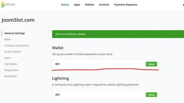 BTCPay store JoomSlot.com just created, General settings with a BTC wallet Setup button underlined and a Lightning section below