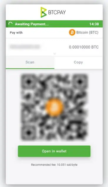 BTCPay invoice awaiting payment of 0.00010000 BTC with 14:38 on the timer, Scan and Copy tabs, the QR code blurred, an Open in wallet button and a recommended fee of 10.051 sat/byte