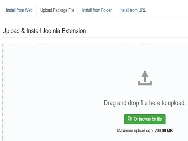 Joomla 3 Upload and Install Joomla Extension screen with the Upload Package File tab open, a drag-and-drop area and an Or browse for file button, maximum upload size 200.00 MB